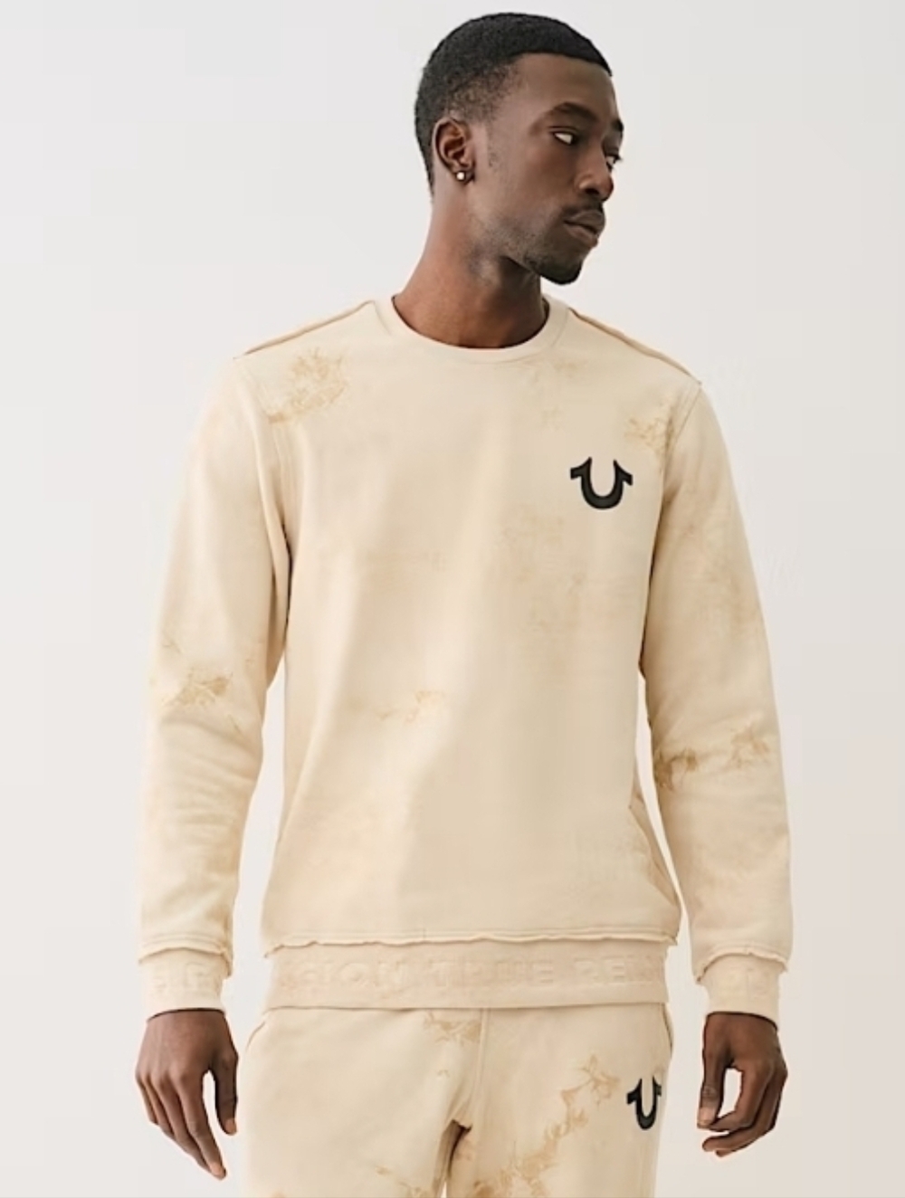 True Religion Men's Debossed logo raw trim sweatshirt Rib Pullover Cream
